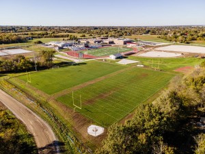 Aerial image showing sports fields and facilities at Warrensburg High School in Missouri.