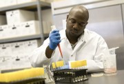 Laboratory technician in a white coat using a pipette to transfer liquid between test tubes.