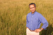 Man wearing a blue shirt and beige pants standing in a grassy field with a neutral expression.