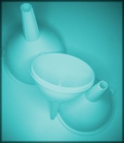 Three plastic funnels in varying sizes arranged in a stacked position with a blue tint.