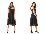 Model wearing a black midi dress with spaghetti straps and a fitted bodice, standing in two poses.